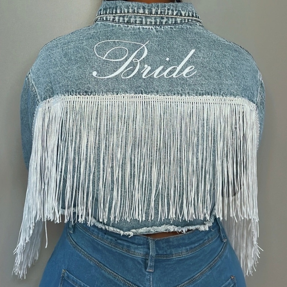 Fashion Nova Blue Jean Jacket with White Fringe